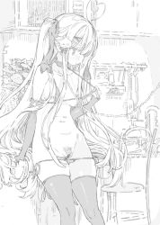 Rule 34 | 1girl, ahoge, bar censor, bikini, bikini pull, blush, borrowed character, breasts, breasts out, censored, clothes pull, collar, detached sleeves, female pubic hair, greyscale, hair ornament, hair ribbon, hairclip, heart, heart ahoge, highres, indoors, leash, long hair, micro bikini, monochrome, navel, nipples, original, pubic hair, ribbon, side-tie bikini bottom, sidelocks, small breasts, solo, string bikini, swimsuit, takakura, thighhighs, tokisaki asaba (niliu chahui), twintails, very long hair