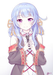 1girl bare_shoulders blue_hair breasts highres iris_mysteria! k_(nura-rikuo) looking_at_viewer medium_breasts necktie olivie_cromwright purple_eyes ribbon upper_body white_background yellow_ribbon