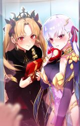 1other 2girls absurdres armor bikini_armor black_dress black_tiara blonde_hair blush box breasts cleavage commentary commentary_request commission dress earrings english_commentary ereshkigal_(fate) ereshkigal_(third_ascension)_(fate) fate/grand_order fate_(series) fog gift heart-shaped_box highres holding holding_gift jewelry kama_(fate) kama_(second_ascension)_(fate) kpaoi large_breasts long_hair looking_at_viewer mixed-language_commentary multiple_girls parted_lips pov purple_hair red_eyes revealing_clothes see-through_cleavage see-through_clothes skeb_commission sweatdrop tiara twintails twitter_username very_long_hair