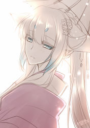 Rule 34 | 1girl, animal ears, blue eyes, ears down, female focus, flower, fox ears, from side, hair flower, hair ornament, japanese clothes, kimono, konshin, long hair, looking at viewer, oil-paper umbrella, orie mishiro, original, parted lips, ponytail, short eyebrows, smile, solo, umbrella, white background