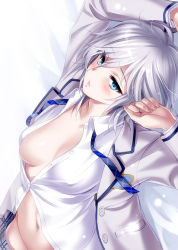 10s 1girl anastasia_(idolmaster) blue_eyes blush breasts cleavage clothes_pull female_focus highres idolmaster idolmaster_cinderella_girls lying medium_breasts navel necktie no_bra no_panties school_uniform short_hair silver_hair skirt skirt_pull solo unbuttoned unbuttoned_shirt zen