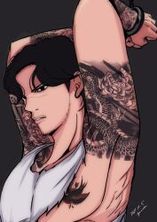Rule 34 | 1boy, arm tattoo, arms up, bird tattoo, black eyes, black hair, chest tattoo, cuffs, facial hair, handcuffs, highres, korean commentary, lee eun-tae, lookism, male focus, shirt, short hair, simple background, solo, stubble, tattoo, toned, toned male, upper body, white shirt, yucchi (apple-panda)
