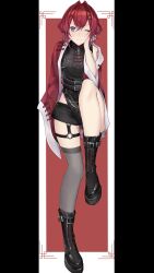 1girl absurdres ange_katrina ange_katrina_(7th_costume) ankle_boots belt black_belt black_boots black_dress black_shorts blue_eyes blush boots border china_dress chinese_clothes closed_mouth collared_dress commentary_request crossed_bangs double_bun dress grey_thighhighs hair_between_eyes hair_bun hair_intakes hair_ornament hand_on_own_cheek hand_on_own_face highres jacket knee_up lace-up_boots long_sleeves looking_at_viewer masada_masashi multiple_belts nijisanji o-ring o-ring_thigh_strap official_alternate_costume one_eye_closed outside_border pillarboxed red_background red_hair red_jacket short_dress short_hair short_shorts shorts single_off_shoulder single_thighhigh sitting sleeveless sleeveless_dress sleeves_past_wrists smile solo straight-on tassel tassel_hair_ornament thigh_strap thighhighs v-shaped_eyebrows viewfinder virtual_youtuber white_border x_hair_ornament