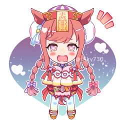 Rule 34 | 1girl, agnes digital (lovely jiangshi) (umamusume), agnes digital (umamusume), animal ears, blue eyes, blush, breasts, chibi, chibi only, chinese clothes, closed mouth, commentary request, detached sleeves, drooling, full body, hair bun, hair ornament, hat, heart, heart-shaped pupils, highres, horse ears, horse girl, jiangshi, long braid, long hair, long sleeves, looking at viewer, midair, mouth drool, notice lines, official alternate costume, official alternate hairstyle, orange shoes, shoes, silky (silky alice), sleeves past fingers, sleeves past wrists, smile, solo, symbol-shaped pupils, thighhighs, twitter username, umamusume, very long hair, very long sleeves, watermark