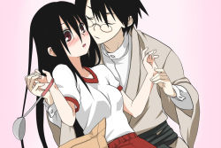 00s 1boy 1girl black_hair blush ekra glasses gym_uniform itoshiki_nozomu japanese_clothes komori_kiri long_hair sayonara_zetsubou_sensei