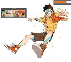 1boy aang alternate_costume arrow_tattoo avatar:_the_last_airbender avatar_legends brown_eyes brown_hair brown_shorts color_guide forehead_tattoo gymnopedies2 head_tattoo male_focus orange_shoes orange_vest shirt shoes short_hair shorts sparkle tattoo vest white_background wristband yellow_shirt