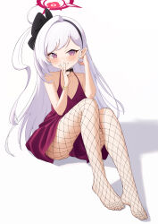 1girl absurdres black_hairband blue_archive blush bracelet commentary dress earrings feet fishnet_pantyhose fishnets flat_chest full_body hairband halo halter_dress halterneck highres jewelry knees_up legs long_hair looking_at_viewer mutsuki_(blue_archive) mutsuki_(dress)_(blue_archive) no_shoes official_alternate_costume pantyhose pearl_earrings pointy_ears red_dress red_halo simple_background sitting sleeveless sleeveless_dress smile solo styx teeth thighs toes v v_over_mouth white_background white_hair