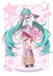Rule 34 | 1girl, absurdres, ahoge, alternate costume, aqua eyes, aqua hair, asymmetrical legwear, bandaid, bandaid on leg, belt collar, blue shirt, blush, brown shoes, collar, collarbone, commentary request, drop shadow, frilled skirt, frilled socks, frills, full body, grey shirt, hair ornament, hairclip, hand up, hatsune miku, highres, holding strap, kametaro uu, layered shirt, leg warmers, legwear garter, long hair, looking at viewer, open mouth, pink skirt, pink socks, pink thighhighs, print shirt, rabbit hair ornament, shirt, shoes, single thighhigh, skirt, socks, solo, standing, star (symbol), striped sleeves, stuffed animal, stuffed rabbit, stuffed toy, thigh strap, thighhighs, twintails, v, very long hair, vocaloid, white background, white shirt, x hair ornament, yellow leg warmers, yellow skirt