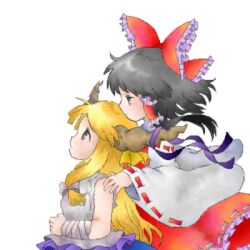 2girls bandaged_arm bandaged_wrist bandages black_hair bow brown_horns detached_sleeves frilled_bow frilled_hair_tubes frills from_side hair_bow hair_tubes hakurei_reimu hand_on_another&#039;s_shoulder horn_bow horn_ornament horn_ribbon horns ibuki_suika looking_to_the_side lowres mo-musu multiple_girls ribbon touhou white_background