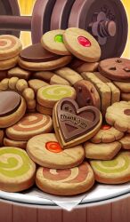 brown_theme candy chocolate chocolate_heart commentary cookie dumbbell english_text fate/grand_order fate_(series) food food_focus heart heart-shaped_food lasengle no_humans official_art plate third-party_source