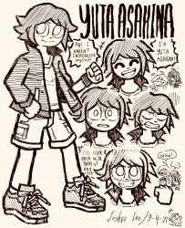 +++ ... 1boy 2girls ^_^ absurdres ahoge asahina_yuta character_name clenched_hand clenched_hands clenched_teeth closed_eyes closed_mouth danganronpa_(series) danganronpa_another_episode:_ultra_despair_girls dated doodle_inset english_text fukawa_toko full_body greyscale hatching_(texture) highres jacket josh-s26 long_hair long_sleeves male_focus monochrome multiple_girls multiple_views naegi_komaru open_clothes open_jacket open_mouth shirt shoelaces shoes short_hair shorts signature simple_background smile speech_bubble spoken_ellipsis standing sweatdrop teeth upper_teeth_only white_background