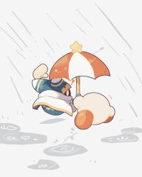 ! animal_ears blue_hood cape collared_cape colored_skin commentary_request copy_ability disembodied_hand ear_covers from_behind gear_print gloves harukui high_collar highres holding holding_umbrella kirby kirby_(series) looking_at_another magolor nintendo no_humans parasol_kirby pink_skin puddle rain red_footwear red_umbrella ripples running shared_umbrella shoes simple_background solid_oval_eyes star_(symbol) two-tone_umbrella umbrella white_background white_cape white_gloves white_umbrella yellow_eyes