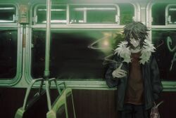 Rule 34 | 1boy, :/, bag, black jacket, black pants, brown eyes, brown hair, chinese commentary, cigarette, closed mouth, commentary request, cowboy shot, fur-trimmed jacket, fur trim, hair between eyes, highres, holding, holding bag, holding cigarette, isoi reiji, jacket, long sleeves, luxiyangtao, male focus, medium hair, open clothes, open jacket, pants, photo background, red shirt, saibou shinkyoku, shirt, smoke, solo