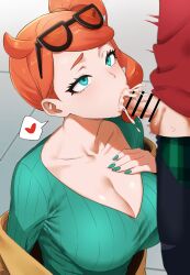 1boy 1girl absurdres bar_censor breasts brown_jacket censored cleavage cum cum_in_mouth cum_overflow ejaculation eyewear_on_head fellatio green_eyes green_nails green_sweater grey_background heart hetero highres i_b_(yaun2242) jacket large_breasts nintendo oral orange_hair pokemon pokemon_swsh side_ponytail simple_background sonia_(pokemon) spoken_heart sunglasses sweater victor_(pokemon)
