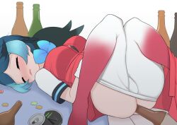 Rule 34 | 1girl, alcohol enema, anal, anal object insertion, bird tail, bird wings, black hair, blue hair, blue wings, blush, bottle cap, breasts, commentary, drunk, enema, english commentary, gradient pantyhose, head wings, highres, illu (illu stratos), kemono friends, long hair, medium breasts, monster energy, multicolored hair, object insertion, pantyhose, passenger pigeon (kemono friends), red pantyhose, red vest, shirt, short sleeves, sleeping, solo, tail, vest, white pantyhose, white shirt, wings