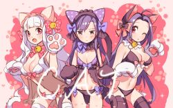 3girls 72producer ahoge animal_ears animal_hands bell black_thighhighs blue_hair blush breast_envy breasts brown_eyes cat_ears cat_paws cat_tail cleavage closed_mouth collar cowboy_shot fake_animal_ears fang flat_chest frilled_collar frills gloves grey_hair hair_ribbon hairband hands_up idolmaster idolmaster_(classic) kisaragi_chihaya large_breasts lingerie long_hair looking_at_viewer miura_azusa multiple_girls navel neck_bell neck_ribbon one_eye_closed open_mouth panties paw_gloves purple_eyes red_eyes ribbon shijou_takane standing tail thighhighs underwear white_thighhighs