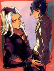 2boys black_hair blue_eyes blunt_bangs bob_cut bruno_bucciarati cleavage_cutout clothing_cutout hair_ornament hairclip hands_on_own_hips highres jojo_no_kimyou_na_bouken leone_abbacchio looking_at_viewer male_focus multiple_boys okokoroxjj parted_bangs pink_lips plunging_neckline purple_eyes shirt short_hair vento_aureo white_hair white_shirt zipper_pull_tab