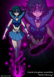 1girl absurdres bishoujo_senshi_sailor_moon blue_boots blue_choker blue_hair blue_sailor_collar blue_skirt boots breasts brooch choker circlet cleavage collarbone corruption dark_mercury dark_persona earrings elbow_gloves gloves highres jewelry kiga-furetaka magical_girl mind_control mizuno_ami pretty_guardian_sailor_moon sailor_collar sailor_mercury sailor_senshi_uniform shirt short_hair skirt solo tiara white_gloves white_shirt