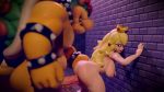 1boy 1girl 3d against_wall akkoarcade animated ass back blonde_hair bowser breasts crown hetero highres horns jewelry large_breasts long_hair looking_back mario_(series) nintendo nipples nude penis princess_peach red_hair sex size_difference super_mario_bros._1 thick_thighs thighs uncensored video