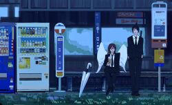2boys angel_devil_(chainsaw_man) black_eyes black_hair black_jacket black_necktie black_pants black_shoes black_suit bottle brown_eyes brown_hair chainsaw_man closed_mouth commentary english_commentary feathered_wings food formal_clothes grass hair_between_eyes hayakawa_aki holding holding_food holding_ice_cream ice_cream jacket lan_(ngtblan) looking_to_the_side multiple_boys necktie no_halo outdoors pants shirt shoes short_hair sitting standing suit suit_jacket topknot train_station umbrella vending_machine white_shirt white_wings wing_collar wings