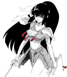 Rule 34 | 1girl, armor, collarbone, cowboy shot, dual wielding, greyscale, holding, holding sword, holding weapon, kayura, kitou en, long hair, looking at viewer, monochrome, pauldrons, ponytail, ronin warriors, shoulder armor, sidelocks, smile, solo, sword, tassel, weapon, white background, yoroiden samurai troopers