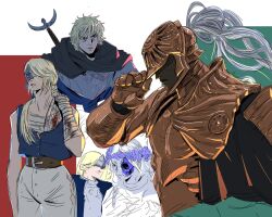2boys 2girls armor bandages blonde_hair blue_eyes brother_and_sister dark_skin duchess_(elden_ring) elden_ring elden_ring:_shadow_of_the_erdtree elden_ring_nightreign executor_(elden_ring) gloves helmet highres long_hair mask multiple_boys multiple_girls revenant_(elden_ring) siblings standing sword weapon white_hair wylder_(elden_ring)