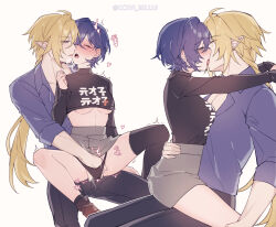 1boy 1girl artist_name belle_(zenless_zone_zero) black_panties black_pants black_shirt black_thighhighs blonde_hair blue_hair breasts ccxvi_201116 closed_eyes crossed_bangs fingering french_kiss green_eyes grey_skirt hair_between_eyes half-closed_eyes hashtag-only_commentary heavy_breathing highres hugo_vlad kiss long_sleeves medium_breasts moaning open_mouth orange_socks panties pants purple_shirt shirt simple_background single_thighhigh skirt socks thighhighs twitching twitter_username underwear white_background zenless_zone_zero