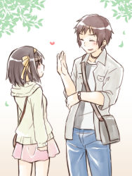 1boy 1girl absurdres bag blue_pants blush brown_eyes brown_hair casual grey_jacket hair_ribbon hairband hand_up heart highres holding holding_bag hood hoodie jacket kyon looking_at_another open_clothes open_jacket pants pink_shirt pocket ribbon shirt short_hair skirt suzumiya_haruhi suzumiya_haruhi_no_yuuutsu taiki_(6240taiki) watch white_shirt wristwatch yellow_hairband yellow_hoodie yellow_ribbon