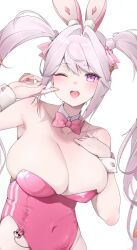 1girl absurdres alice_(nikke) animal_ears bare_shoulders blush bow bow_earrings bowtie breasts cleavage collar collarbone commentary detached_collar earrings f7k_x5 goddess_of_victory:_nikke hair_intakes hair_ornament hair_ribbon hand_on_own_chest highres huge_breasts jewelry leotard long_hair looking_at_viewer one_eye_closed open_mouth pink_bow pink_bowtie pink_eyes pink_hair pink_leotard pink_ribbon playboy_bunny rabbit_ears rabbit_hair_ornament ribbon simple_background smile solo strapless strapless_leotard teeth thighs twintails upper_teeth_only white_background white_collar white_wrist_cuffs wrist_cuffs