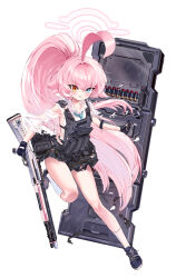 1girl absurdres ahoge black_gloves black_shoes black_skirt blue_archive blue_eyes blush commentary_request delfin59 fingerless_gloves foot_up gloves gun hair_between_eyes halo heterochromia high_ponytail highres holding holding_gun holding_weapon hoshino_(armed)_(blue_archive) hoshino_(blue_archive) huge_ahoge long_hair looking_at_viewer official_alternate_costume pink_hair pink_halo pleated_skirt ponytail riot_police riot_shield shield shoes simple_background skirt small_sweatdrop solo very_long_hair weapon white_background yellow_eyes