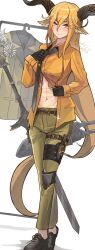1girl abs animal_ears arknights asymmetrical_sidelocks black_gloves black_necktie black_shoes blonde_hair blush brown_horns closed_mouth degenbrecher_(arknights) full_body gloves goat_ears goat_girl goat_horns green_pants hair_between_eyes highres horns jacket knee_pads long_hair looking_at_viewer military_jacket mitsuoni_souda navel necktie orange_shirt pants shirt shoes simple_background single_knee_pad solo sword twitter_username undressing weapon white_background yellow_eyes