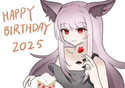 1girl absurdres animal_ears arknights bare_shoulders black_camisole blush cake cake_slice camisole closed_mouth commentary_request food fork frostleaf_(arknights) fruit grey_hair happy_birthday highres holding holding_fork holding_plate long_hair looking_at_viewer material_growth miruka_(kyrie_eleison_45) oripathy_lesion_(arknights) plate red_eyes simple_background sketch smile solo strap_slip strawberry upper_body white_background