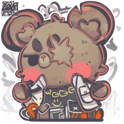 1boy absurdres animal_ears artist_name bear_boy bear_ears ben_bigger black_tank_top brown_fur chain chain_necklace chibi chibi_only chinese_commentary commentary commentary_request dated_commentary english_commentary english_text furry furry_male graffiti highres jacket jewelry jrpencil looking_to_the_side male_focus mixed-language_commentary necklace notched_ear scar scar_across_eye scar_on_face tank_top white_background white_jacket zenless_zone_zero