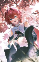 1girl absurdres ahoge black_gloves blue_eyes cat cat_testicles clothing_cutout collar commentary danjin_(wuthering_waves) earrings english_commentary fingerless_gloves folded_braid gloves hair_intakes hair_ornament highres hoop_earrings jewelry light_blush mint-tan open_mouth red_hair short_hair shoulder_cutout single_fingerless_glove smile solo teeth upper_teeth_only white_collar wuthering_waves