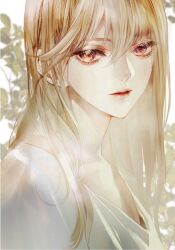 1girl aegyo_sal agatha_(jukkakukan_no_satsujin) blonde_hair blurry blurry_background brown_eyes closed_mouth collarbone eyelashes hair_between_eyes hair_over_shoulder highres jukkakukan_no_satsujin kiyohara_hiro long_bangs long_hair looking_at_viewer low-cut plant portrait simple_background solo swept_bangs white_background