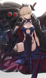 1girl artoria_pendragon_(fate) black_boots black_coat black_gloves black_tiara blonde_hair boots breasts cleavage closed_mouth coat coat_on_shoulders fate/grand_order fate_(series) gloves high_heel_boots high_heels highres holding holding_weapon kamo_ashi looking_at_viewer medium_breasts open_clothes open_coat saber_alter saber_alter_(swimsuit_rider) saber_alter_(swimsuit_rider)_(third_ascension) signature sitting smile solo thigh_boots tiara weapon yellow_eyes