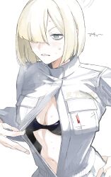1girl black_bra blonde_hair blue_archive blue_eyes bra breasts character_request hair_over_one_eye halo highres jumpsuit kawatiw long_sleeves medium_breasts open_clothes open_jumpsuit ringed_eyes short_hair simple_background sweat translated underwear upper_body white_background white_jumpsuit