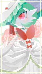 bob_cut bow colored_skin dress elbow_gloves gardevoir gardevoir_day gen_3_pokemon gloves green_hair hair_over_one_eye hana_e_(ka_e0128) hat highres mega_gardevoir mega_pokemon mega_stone nintendo pink_bow pink_eyes pokemon pokemon_(creature) watermark white_dress white_gloves white_hat white_skin
