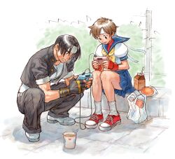 Rule 34 | 1boy, 1girl, :d, angry, blue sailor collar, brown eyes, brown hair, capcom vs snk, crossover, cup ramen, fingerless gloves, food, furious, game cg, gloves, hachimaki, happy, headband, highres, kasugano sakura, kusanagi kyou, milk, neo geo pocket color, nishimura kinu, non-web source, noodles, official art, open mouth, photoshop (medium), playing games, ramen, sailor collar, school uniform, serafuku, short hair, sitting, skirt, slice of life, smile, snk vs capcom: match of the millennium, squatting, street fighter, teeth, the king of fighters, video game, white headband