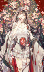1girl absurdres apple black_hair breasts commentary_request dress flower food fruit grey_eyes highres holding holding_food holding_fruit jewelry long_hair longmianbushilongxumian looking_at_viewer original solo thighhighs veil very_long_hair white_thighhighs