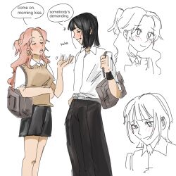 2girls bag black_hair black_pants black_skirt blush brown_sweater_vest closed_eyes collared_shirt ear_piercing english_text grin hand_up highres kininatteru_hito_ga_otoko_ja_nakatta koga_mitsuki long_hair long_sleeves looking_at_another medium_hair multiple_girls oosawa_aya open_mouth pants piercing pink_hair shirt short_sleeves shoulder_bag simple_background skirt smile speech_bubble sweater_vest white_background white_shirt y4ntaoist yuri