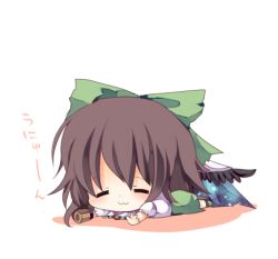 1girl :3 arm_cannon bad_id bad_pixiv_id blush bow cape chibi female_focus hair_bow lowres reiuji_utsuho solo touhou translated unyu weapon wings yukimiya_(parupunta)