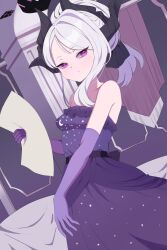 1girl absurdres black_halo blue_archive breasts demon_horns dress gloves halo highres hina_(blue_archive) hina_(dress)_(blue_archive) holding holding_paper horns long_hair looking_at_viewer madrawing paper purple_dress purple_eyes purple_gloves small_breasts solo standing white_hair