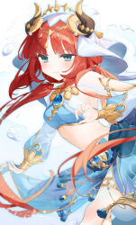 1girl absurdres air_bubble blue_gemstone blue_nails blue_skirt blush breasts brooch bubble circlet closed_mouth crop_top dancer detached_sleeves fake_horns feet_out_of_frame floating_hair gem genshin_impact gold_trim green_eyes harem_outfit highres horns jewelry long_hair long_sleeves looking_at_viewer low_twintails medium_breasts midriff nail_polish navel neck_ring nilou_(genshin_impact) parted_bangs puffy_long_sleeves puffy_sleeves red_hair simple_background skirt smile solo stomach thighlet thighs twintails usanta veil very_long_hair white_background white_veil