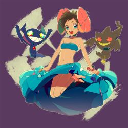 Rule 34 | 00s, 1girl, bad id, bad pixiv id, bandeau, banette, bikini, blue eyes, bracelet, brown hair, dark-skinned female, dark skin, elite four, flower, gen 3 pokemon, ghost, hair flower, hair ornament, happy, jewelry, midriff, navel, nintendo, open mouth, phoebe (pokemon), pokemon, pokemon (creature), pokemon rse, sableye, skirt, strapless, swimsuit, tube top, ucchii