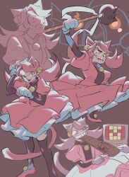 Rule 34 | 1girl, absurdres, animal ears, bell, black thighhighs, brown background, cat ears, cat girl, cat tail, dress, evil smile, gloves, green eyes, hair bell, hair ornament, highres, holding, holding staff, looking at viewer, mad mew mew, medium hair, mettaton, multiple views, open mouth, outstretched arm, pink dress, pink hair, puffy short sleeves, puffy sleeves, short sleeves, smile, staff, standing, tail, thighhighs, twintails, udohepu, undertale, white gloves