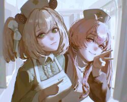 2girls :3 animal_ears apron bow brown_hair center_frills commentary commission dinn_(artofdinn) english_commentary frills green_eyes hat highres indie_virtual_youtuber indoors long_hair looking_at_viewer multiple_girls mumble_(shachimu) name_tag nimi_nightmare nurse_cap one_side_up pink_hair red_eyes ribbon smile tapir_ears tapir_girl upper_body virtual_youtuber white_apron white_bow white_ribbon