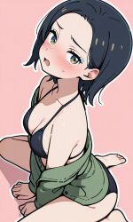 artist_request ass bad_link bikini black_bikini blush breasts comoli_harcourt embarrassed gundam gundam_gquuuuuux highres jacket looking_at_viewer medium_breasts sitting swimsuit tagme thighs wariza