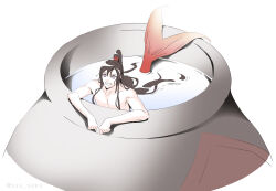 1boy bathing bathtub black_hair brown_hair completely_nude fins fish hair_between_eyes high_ponytail highres in_container in_jar jar korean_commentary long_hair looking_at_viewer male_focus merman modao_zushi monster_boy monsterification nude open_mouth partially_submerged pectorals ponytail purple_eyes red_scrunchie scrunchie sidelocks simple_background sketch smile solo ssu_saeu twitter_username very_long_hair water wei_wuxian wet wet_hair white_background