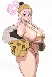 Rule 34 | 1girl, absurdres, ass, bikini, blue archive, blush, breasts, brown hat, brown jacket, cellphone, cleavage, closed mouth, collarbone, commentary, eimi (blue archive), gya rb, halo, hat, highres, holding, holding phone, huge breasts, jacket, long hair, long sleeves, navel, phone, pink eyes, pink hair, pink halo, pom pom hat ornament, simple background, smartphone, solo, stomach, swimsuit, thighs, white background, yellow bikini, yellow jacket
